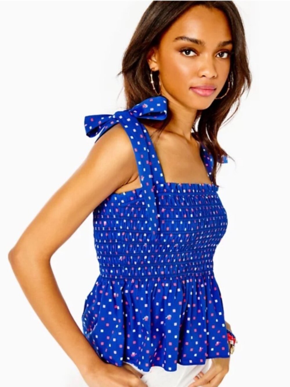 Lilly Pulitzer Rivera Smocked Peplum Top Borealis Blue Lilly Squared XL